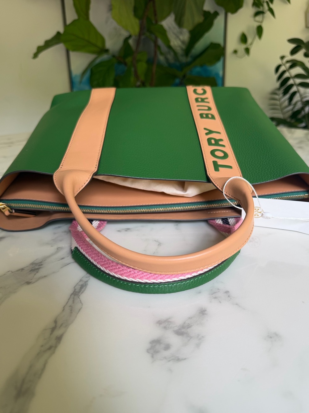 NWT Tory Burch Perry Multi Stripe Leather Triple Compartment Tote Arugula Green - Picture 12 of 16